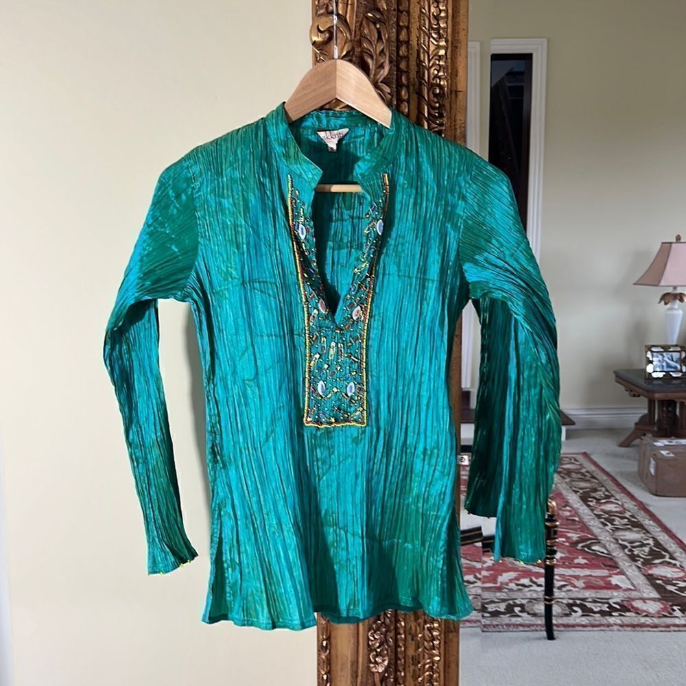 Women’s Indian Hand-Embroidered Kurti Tunic Top Size Small Teal Long